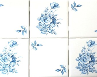 Ceramic 6 Lighter Blue & White Delft Design Swansea and Rose Ceramic Tile  - 4.25" Kiln Fired