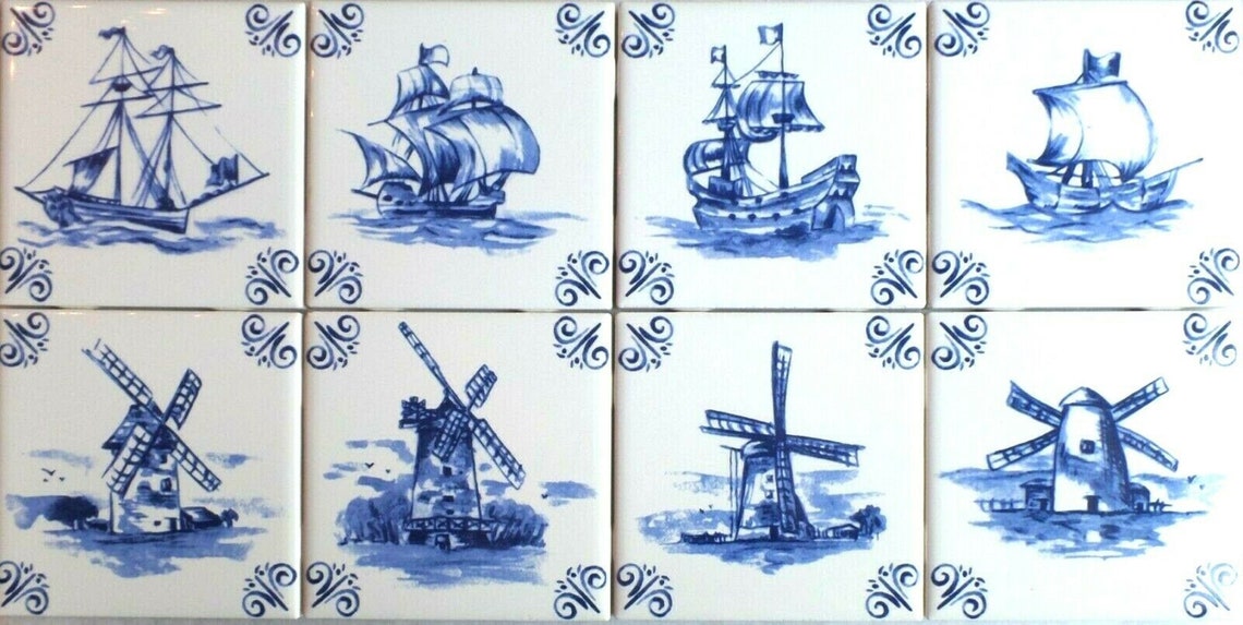 Blue Nautical Delft Design Ship Windmill Set of 8 of - Etsy