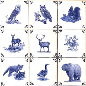 Ceramic Woodland Forest Creatures Delft Design set of 9 Ceramic Tile Blue 4.25" x 4.25 Kiln fired
