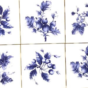 Botanical Blue Delft Ceramic Tiles 4.25&quot; x 4.25&quot; Kiln Fired Décor
