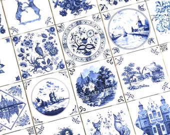 28 Blue Assorted Delft Design Tiles Kiln Fired 4.25" x 4.25" Décor As Shown