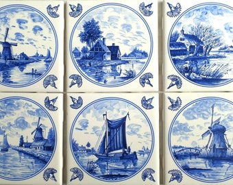 Nautical Blue Delft Kiln Fired Ceramic Tile Back Splash Set of 6 4.25" x 4.25" Decor