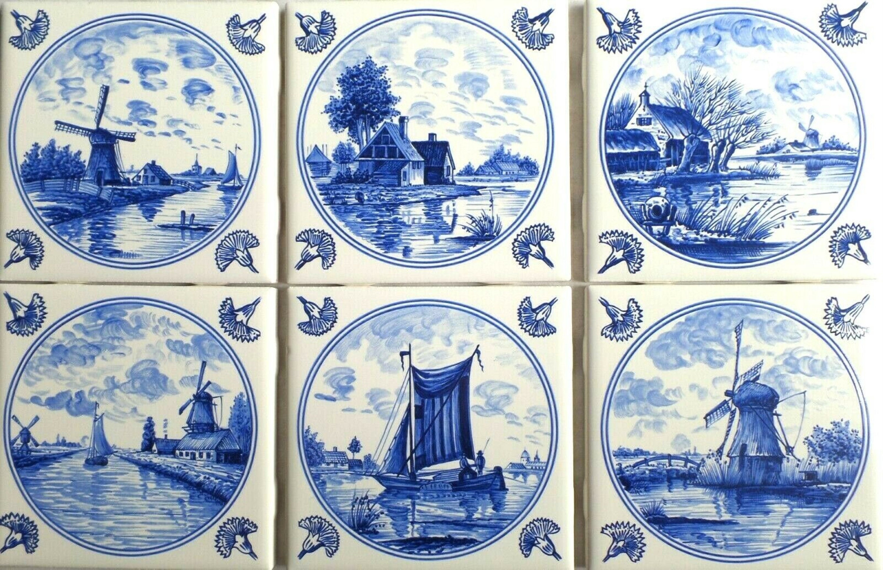 Light Blue Nautical Delft Design Ship Windmill Set of 8 of 4.25" Ceramic Tiles Light Blue Nautical Delft Design Ship Windmill Set of 8 of 4.25" Ceramic Tiles
