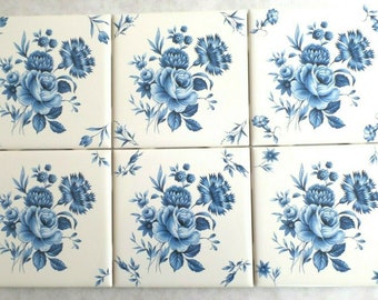 Ceramic Light Blue Dresden Rose Center Delft Design Ceramic Tile Kiln Fired 4.25" Flower set 6