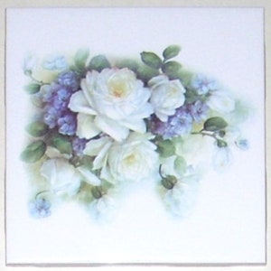 SALE Ceramic White Rose with Lavender Ceramic Tile Kiln Fired Flower Tile 4.25" x 4.25" Back Splash Décor