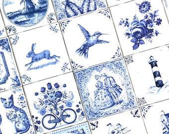 28 Blue Assorted Delft Design Tiles Kiln Fired 4.25" x 4.25" Décor As Shown