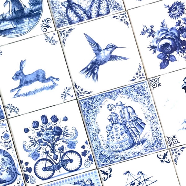 28 Blue Assorted Delft Design Tiles Kiln Fired 4.25" x 4.25" Décor As Shown