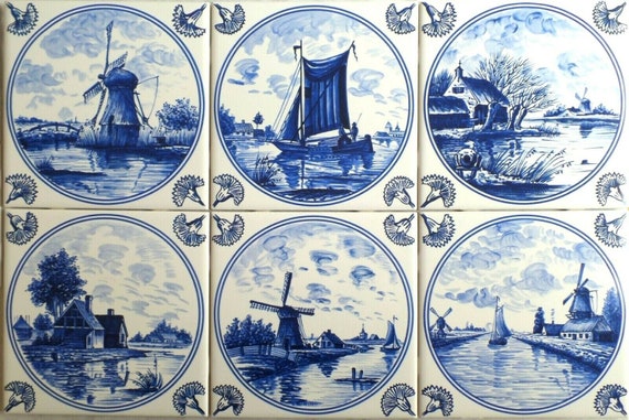 Lots De 6 Carreaux Muraux Style Delft – Céramique Artisanale Bleu Et Blanc – Prêts à Poser