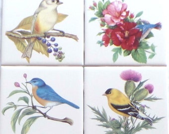 Ceramic Titmus  Blue Hummingbird  Blue Bird Yellow Finch Song Bird set of 4