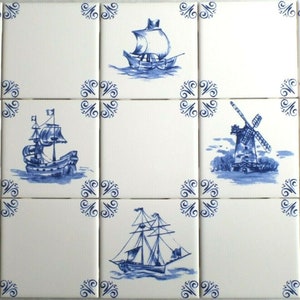 Light Blue Nautical Delft Design Ship Windmill Set of 8 of 4.25" Ceramic Tiles Light Blue Nautical Delft Design Ship Windmill Set of 8 of 4.25" Ceramic Tiles