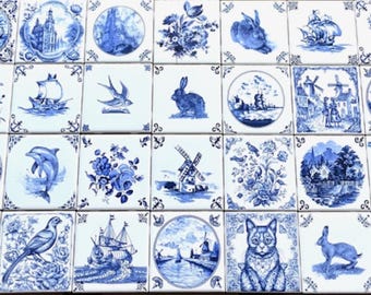 28 Blue Assorted Delft Design Tiles Kiln Fired 4.25" x 4.25" Décor As Shown