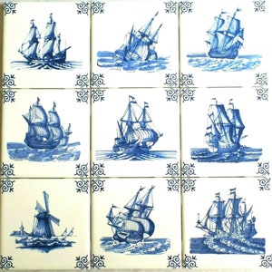 Ceramic Blue Nautical Delft Design Ship Windmill Set of 9 of 4.25" Kiln Fired Ceramic Tiles #2