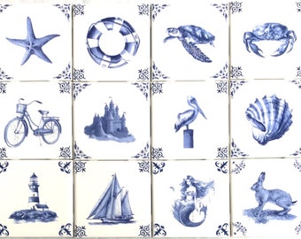 12 Blue Assorted Beach Delft Design Tiles Kiln Fired 4.25" x 4.25" Décor Mottola's Nautical