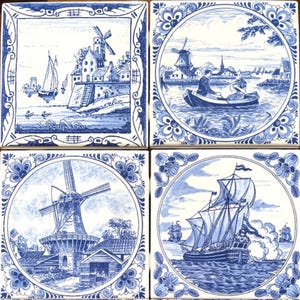 Ceramic Nautical Blue Delft Kiln Fired Ceramic Tile Back Splash Set of 4.25" x 4.25" Décor Canoe Ride or set of 8