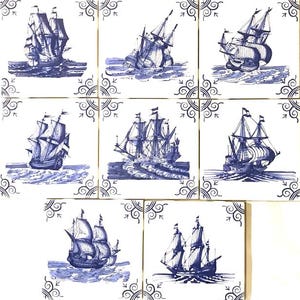 Ceramic Tiles Mariner Sailing Ships Delft Design 4.25” x 4.25” set of 8