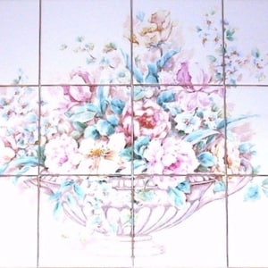 SALE Ceramic Rose and Peonies Ceramic Tile Mural 12 pcs 4.25" Kiln Fired Light Pink Flowers