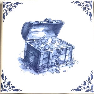 May include: A square ceramic tile featuring a watercolor illustration of an open treasure chest overflowing with gems. The chest is blue with metal accents. Decorative blue floral corner designs frame the image.