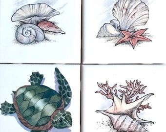 Ceramic Turtle and Sea Shells  Kiln Fired Ceramic Tiles 4.25" x 4.25”