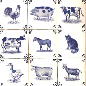 Ceramic Farm Animals Delft Design set of 9 Ceramic Tile Blue 4.25" x 4.25 Kiln fired