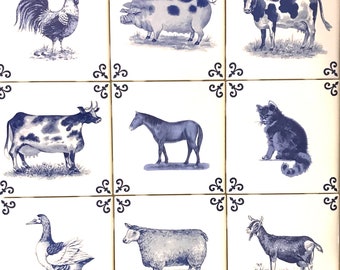 Juego de 9 azulejos de cerámica con diseño de animales de granja de Delft, color azul, 4,25 x 4,25 cocidos en horno