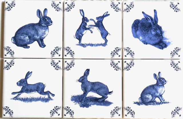 Medium Darker Ceramic All Bunnies & Blue Delft Flower Design Ceramic Tile Blue 4.25" x 4.25 Vintage Corners