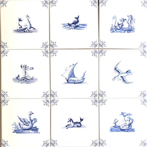 Ceramic  Mythology Sea Creatures Blue Delft Design Kiln Fired Ceramic Tiles 9 st 6x6 tiles Custom #2