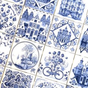 Ceramic 24 Blue Delft Ceramic Tiles Amsterdam Collection 4.25" x 4.25" Kiln Fired Décor 2 Canal