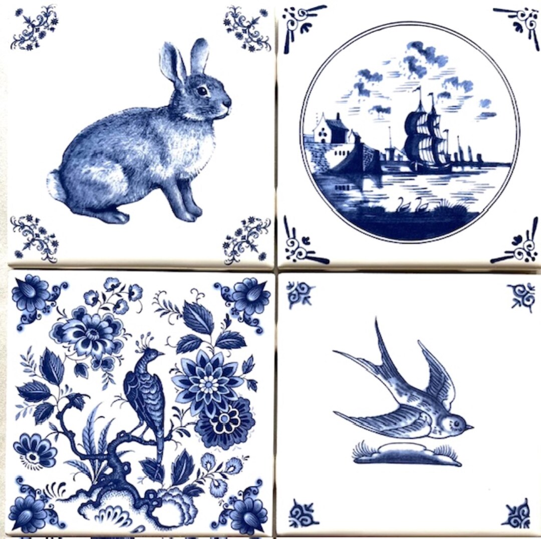 Ceramic Blue Delft Design Set of 4/ 4.25" X 4.25" Kiln Fired Décor Back ...