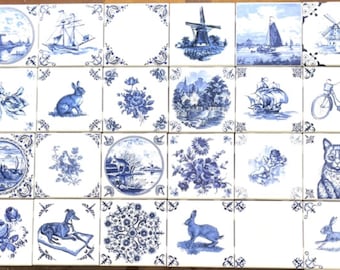 24 Blue Assorted Delft Design Tiles Kiln Fired 4.25" x 4.25" Décor As Shown