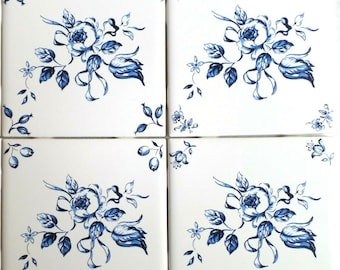 Ceramic Blue Rose and Ribbon #2 Delft design Ceramic Tiles 4.25" x 4.25" KilnFired set 4