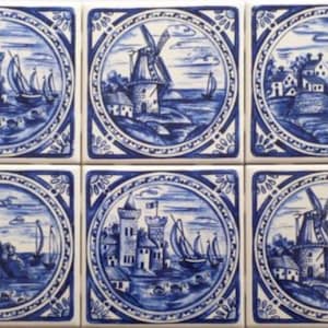 Ceramic Delft Design Blue set 6 Tiles House Castle Windmill Ceramic Tile 4.25&quot; x 4.25&quot;  Kiln Fired Decor