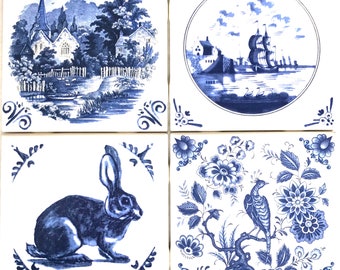 Ceramic Blue Delft Design Set of 4/ 4.25" x 4.25" Kiln Fired Décor Back Splash Village