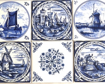 Special Price Assorted Ceramic Delft Design set of 6 Blue  Ceramic Tile 6' x 6'  Kiln Fired Decor with Bonus tile. C
