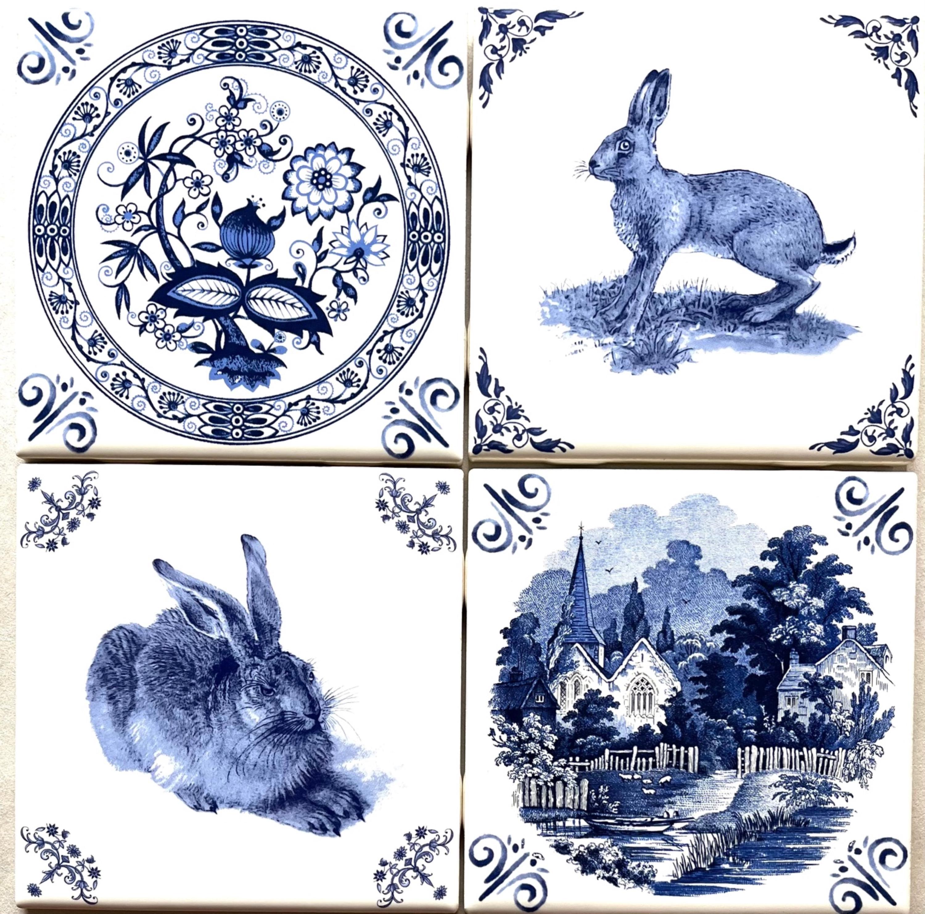 Ceramic Blue Delft Design Set of 4/ 4.25" x 4.25" Kiln Fired Décor Back Splash 2025 Village Blue Onion