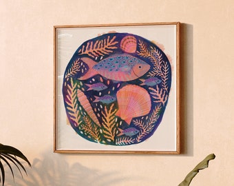 Fish and Shell Giclee Art Print: Coastal Nautical Wall Decor
