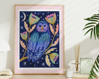 Owl Painting Art Print for Kids Room Woodland Theme Nursery Decor Moon and Stars Wall Art for Childs Bedroom Magical Night Time Decor