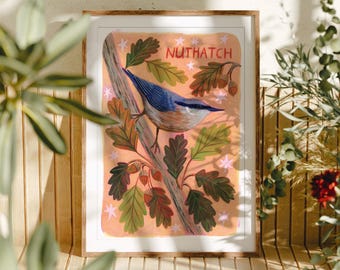 Nuthatch Bird Art Print: Cottagecore Woodland Artwork Decor