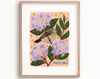 Cartel de arte de aves chiffchaff, impresión de aves de jardín británico, decoración botánica del hogar