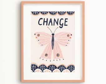 SALE! Change Butterfly Art Poster, Nature Art Print, Boho, Eclectic Home Decor, Neutral Wall Art, Minimalist, A5 A4 A3