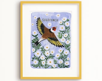 Goldfinch Bird Art Poster, British Garden Birds Art Print, Blue Home Decor, Nature Wall Art