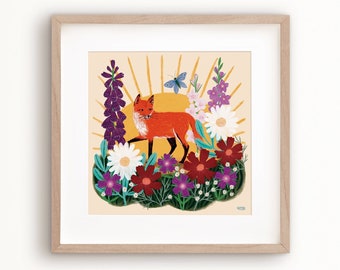Summer Fox Art Print, Nature Wall Art, Colourful Home Decor, Eclectic, Sunshine, Gift for Nature Lover, Square Poster, Floral Illustration