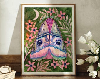 Decorative Moth Wall Art Print, Green Living Room Decor, Nature Lovers Gifts, Moth Posters, Colourful Home Gifts, A5, A4, A3 Size