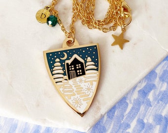Winter Personalised Birthstone Necklace - Gold, Enamel Pendant, Snow Jewellery, Winter Birthday, Gift for Her, Initial Necklace