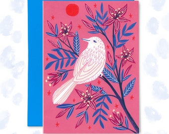 Weißer Vogel, rote Sonne Grußkarte, illustrierte Karte, Geburtstagskarte, Blank Inside Card, Bunt