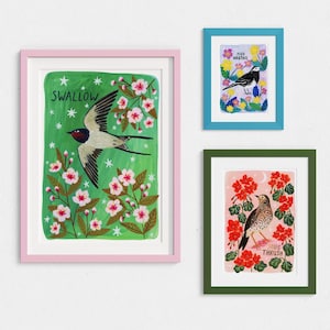 Juego de impresiones artísticas de aves británicas: elija entre 18 diseños, galería de pintura de naturaleza para pared, juego de 2, 3, 4 o 5 impresiones, regalo de observación de aves, decoración botánica