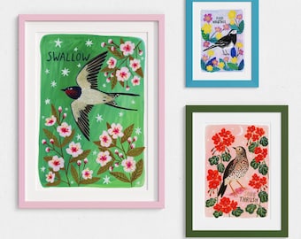 British Birds Art Print Set - Choose from 18 Designs, Nature Painting Gallery Wall, Set of 2 3 4 or 5 Prints, Birding Gift, Botanical Decor