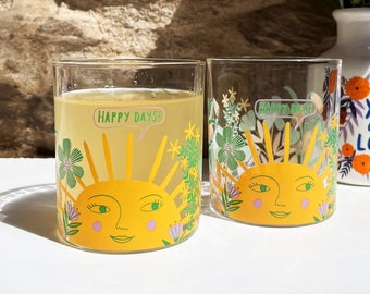 Set of Two Juice Glasses - Happy Days, Drinking Glasses, Drinkware, Glass Tumblers, Housewarming, Gift Boxed, Gifts