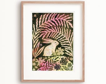 Fern Bunny Art Poster, Nature Art, Rabbit Decor, Green Wall Art