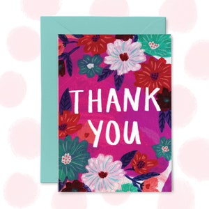 Thank You Card Pink and Teal Florals, Bright Colours, Brushy Paint Flowers image 1