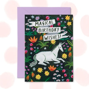Tarjeta de feliz cumpleaños con unicornio mágico, tarjeta para niños, regalos de caballos
